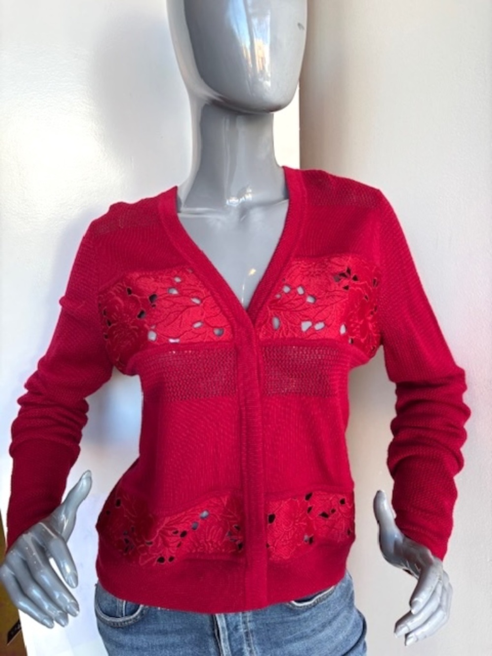 DVF DIANE Von FURSTENBERG Merino Wool With Guipure Lace Panels Cardigan EUC/sz L